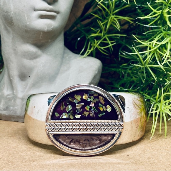 Onyx, Abalone & Jasper Inlay on Silver Plated Cuff Bracelet - Picture 3 of 8